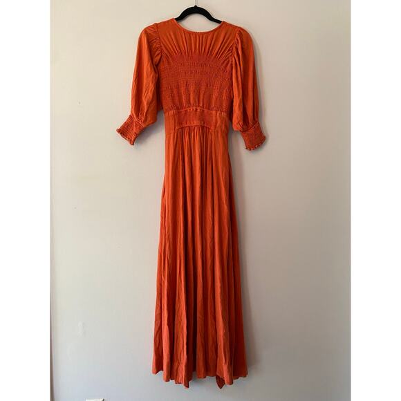 Free People Red Orange String of Hearts Button Down Puff Sleeve Maxi Dress Small - Picture 8 of 11